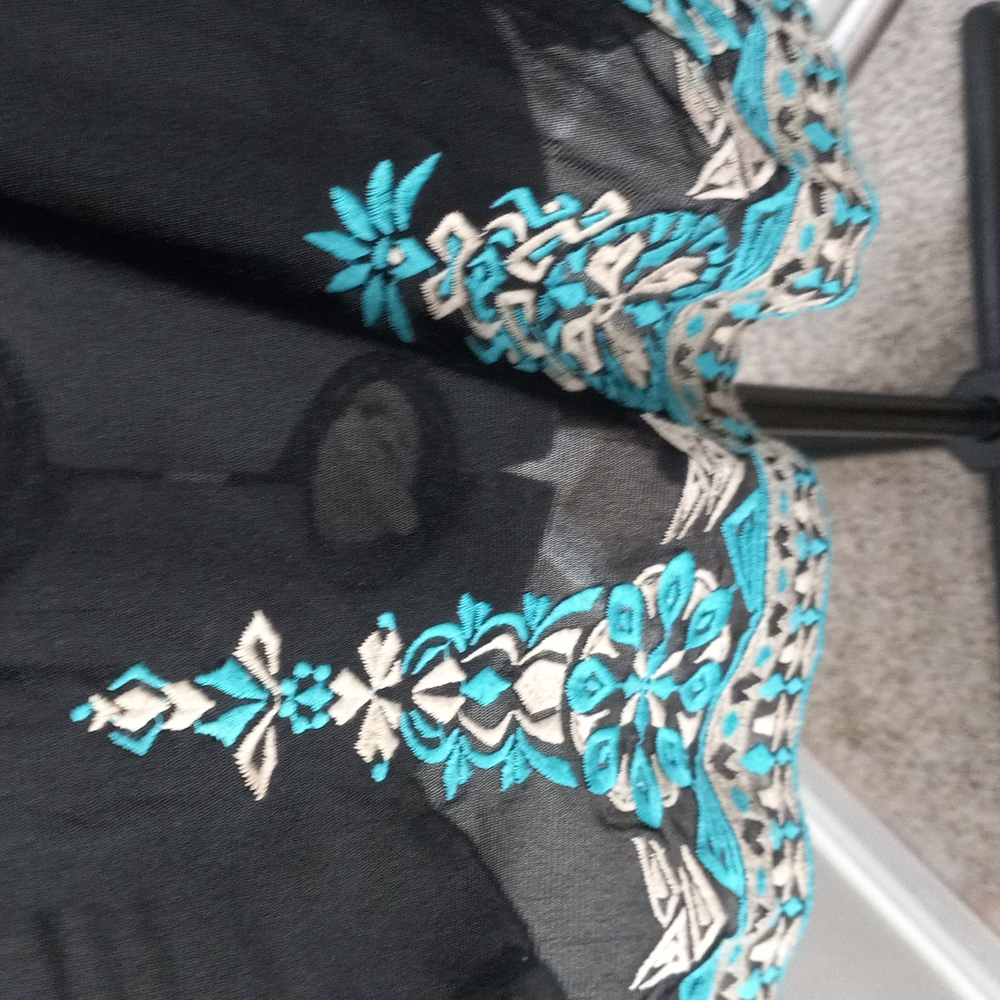 Inc Black & Teal Embroidered Sheer Tunic Sz Large - Picture 3 of 4
